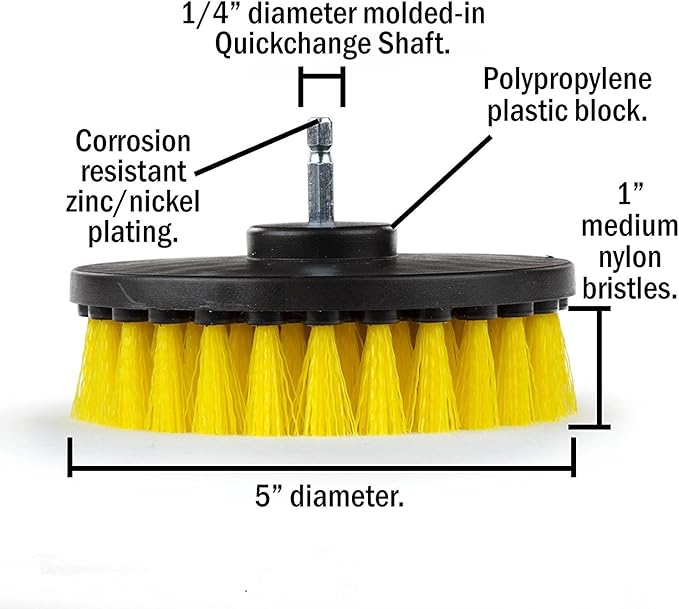 5 Piece Soft, Medium and Stiff Power Scrubbing Brush with 6 Inch Size Extender Drill Attachment for Cleaning Showers, Tubs, Bathrooms, Tile, Grout, Carpet, Tires and Boats by DrillStuff