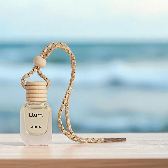 Llum Aqua Hanging Car Air Freshener – Luxury Automotive Perfume Diffuser 10ml (0.34 fl oz), Long-Lasting Fragrance, Alcohol-Free Non-Toxic Car Scent, Glass Bottle With Wood Cap & AC Vent Clip