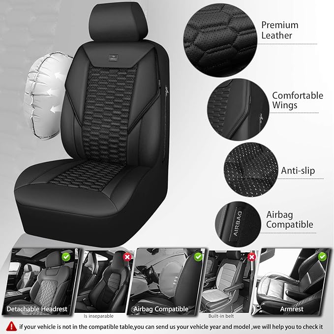 CAR PASS 3D Foam PU Leather Car Seat Covers Front Seats,Black Faux Leather Front Seat Covers for Cars, Universal Fit for SUVs Trucks Vans Sedan Automotive, Armrest Airbag Compatible,Black