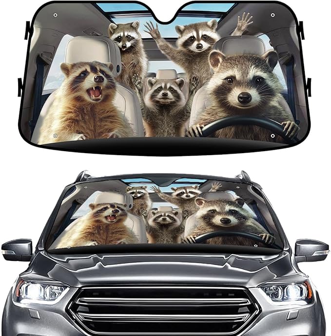 GENANY Raccoon Family Windshield Sun Shade for Car SUV Truck (55x30 Inches), Sun Shade Windshield, Shades for Front Windows, Protector Blocks UV, Xmas Auto Gift, Spring Car Decor