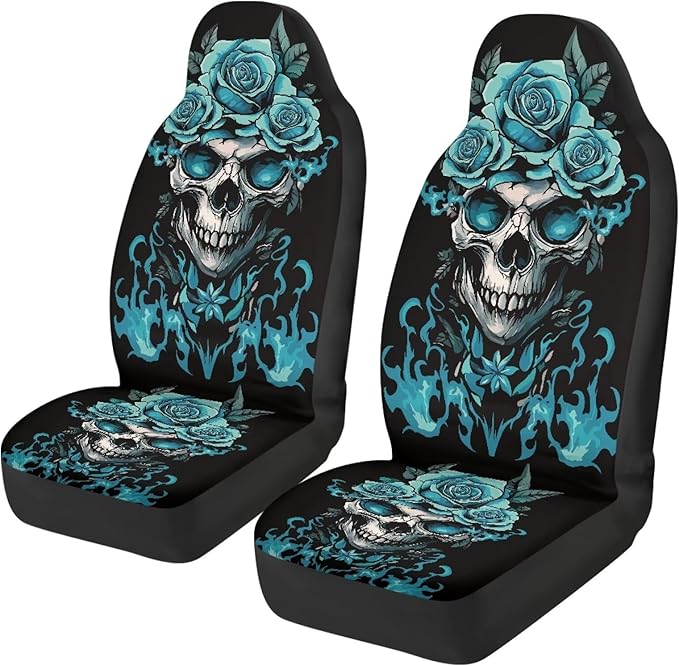 Halloween Skull Rose Car Front Seat Covers Breathable Car Seat Cover Stretch Polyester Fabric Cover Non Slip Fashion Auto Interior Universal for Cars Truck SUV Van