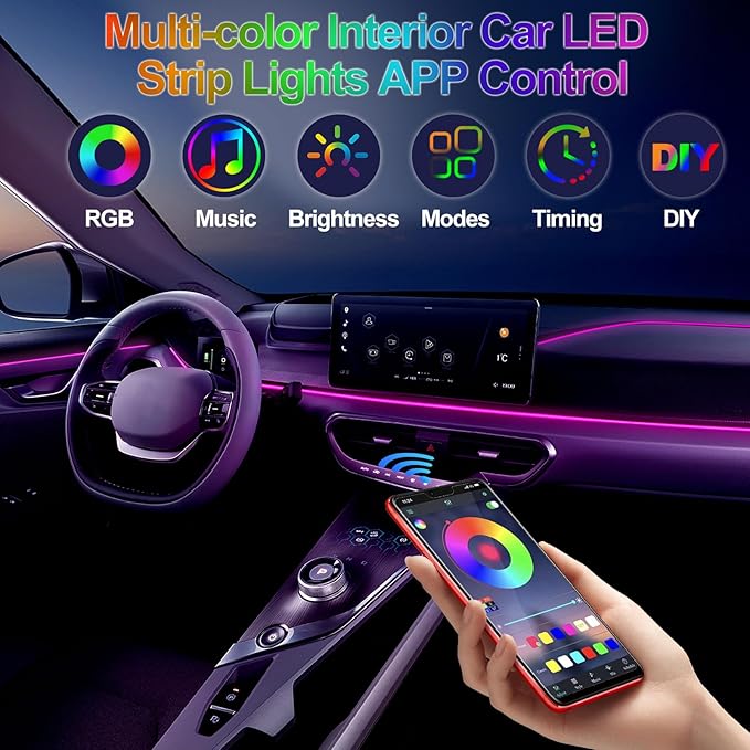 YUGUANG Interior Car Lights Strip APP Control, 5 in 1 Multicolor Music Sync RGB LED Car Ambient Lighting Kit with 236 inches Fiber Optic