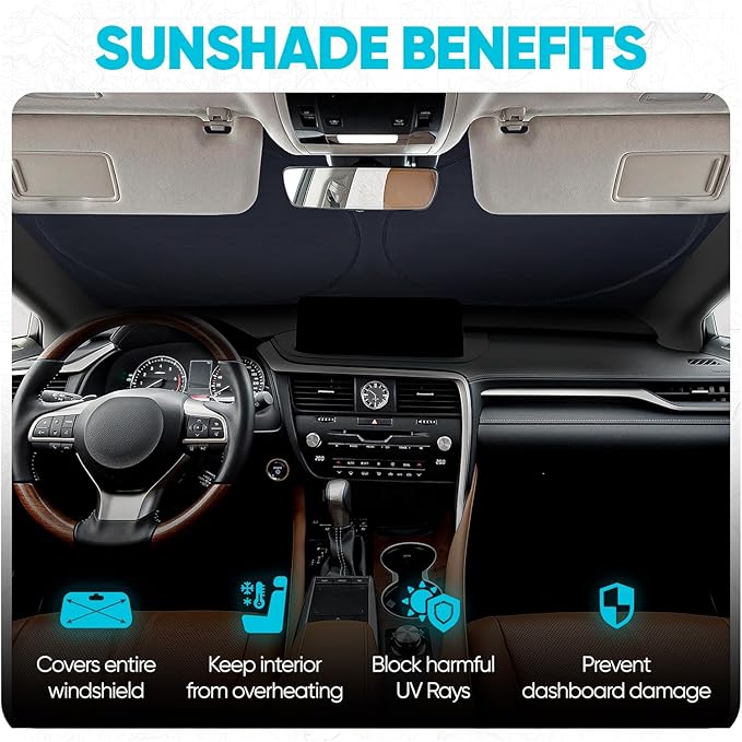FORTEM Car Sun Shade for Windshield, Reflective Windshield Sunshade, 240T Polyester, Automotive Interior Sun Protection, Ultimate Heat and UV Shield, Foldable, Storage Bag