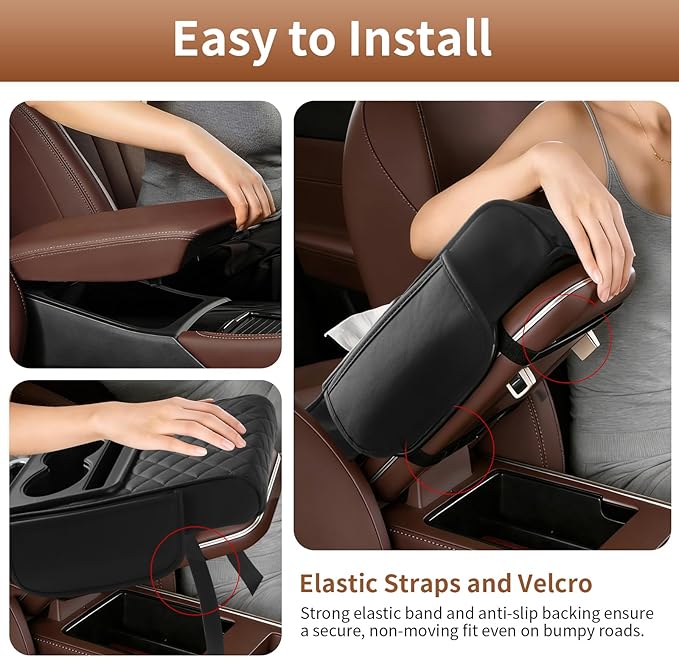 5-in-1 Car Armrest Cushion, Multifunctional PVC Leather Center Console Armrest Pillow Elbow, Universal Arm Box Pad Cover with Cup Holder, Phone Slot, Tissue Box Slot & 2 Storage Bags, Beige