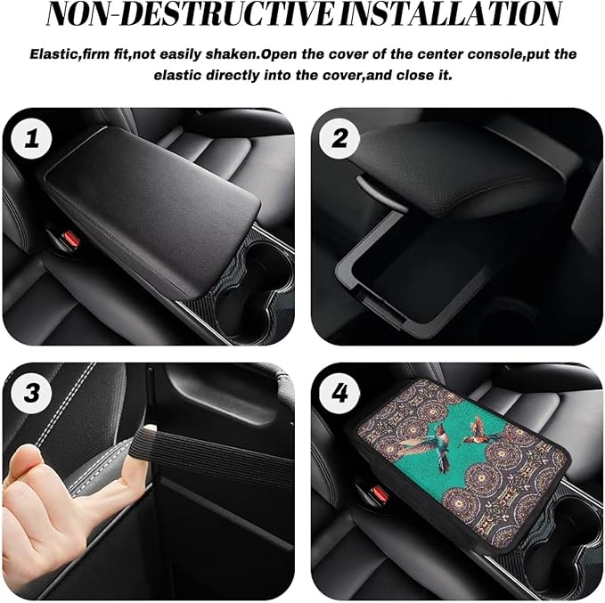 Bohemia Mandala Hummingbird Print Center Console Covers for Cars Stretchy Car Armrest Cushion Washable Automobile Armrest Covers Car Accessories Interior Protection