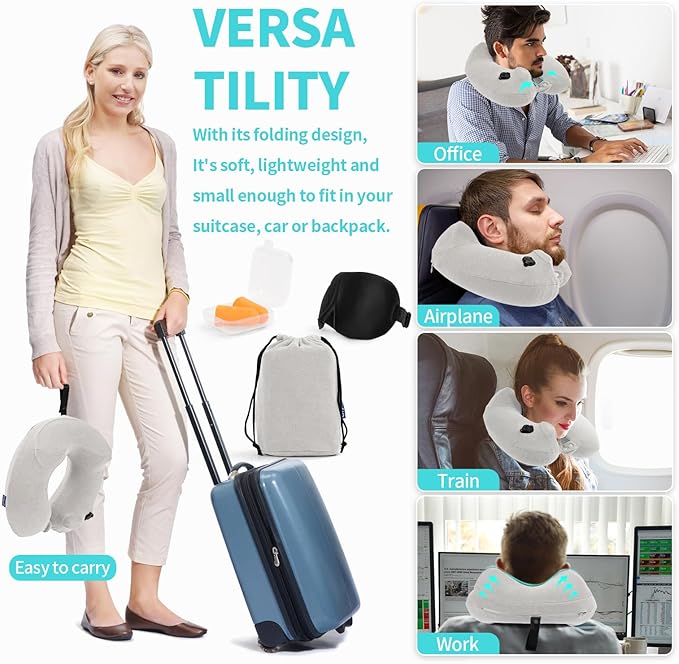 Inflatable Travel Neck Pillow for Airplane, Head Support Velvet Adult Neck Pillow for Long Flight, Kit with Eye Mask, Earplugs and Storage Bag,1, Light Gray