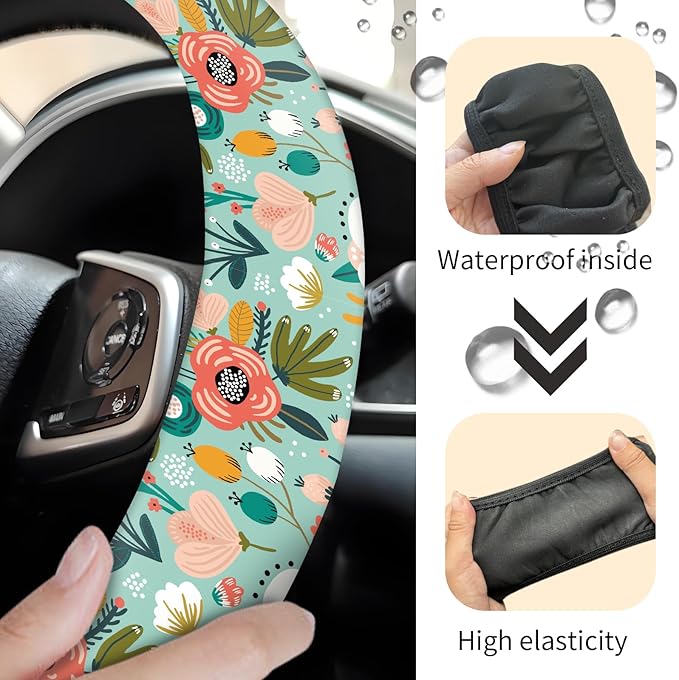 Car Steering Wheel Cover, Universal 15 Inch Neoprene Non-Slip Steering Wheel Covers, Funny Car Accessories for Women Men Fit Auto, Suvs, Truck Cute Green Floral