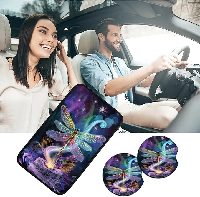 Car Armrest Cover Pads Universal Fashion Cute Auto Center Console Armrest Cover Pad with 2PCS Car Coasters Soft Waterproof Car Armrest Seat Protector for Women, Colorful Dragonfly