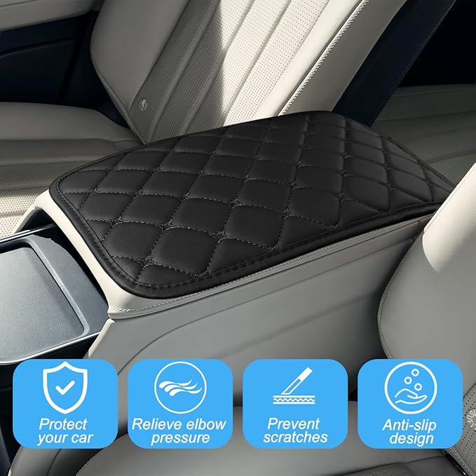 Car Center Console Cushion Pad, PU Leather Vehicle Armrest Cover Protector, Anti-Scratch Automotive Interior Arm Rest Seat Box Mat Accessories, Universal for SUV Sedan Truck (Black)