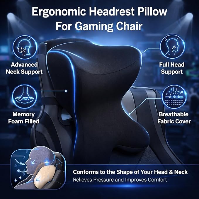 Car Neck Pillow for Driving Seat Car headrest Pillow/Gaming Chair Pillow with Adjustable Strap Removable Cover Ergonomic Design Neck Support Pillow for auto, Office Chair, Gaming Chair(Black)
