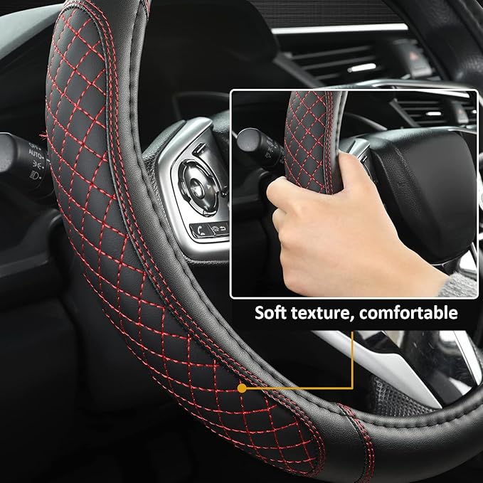 West Llama Customized Auto Car Steering Wheel Cover for Jeep Grand Cherokee,Wrangler,Compass,Gladiator,Cherokee 14.5-15 inches(Diamond Quilted-Black+Red-Standard Size)