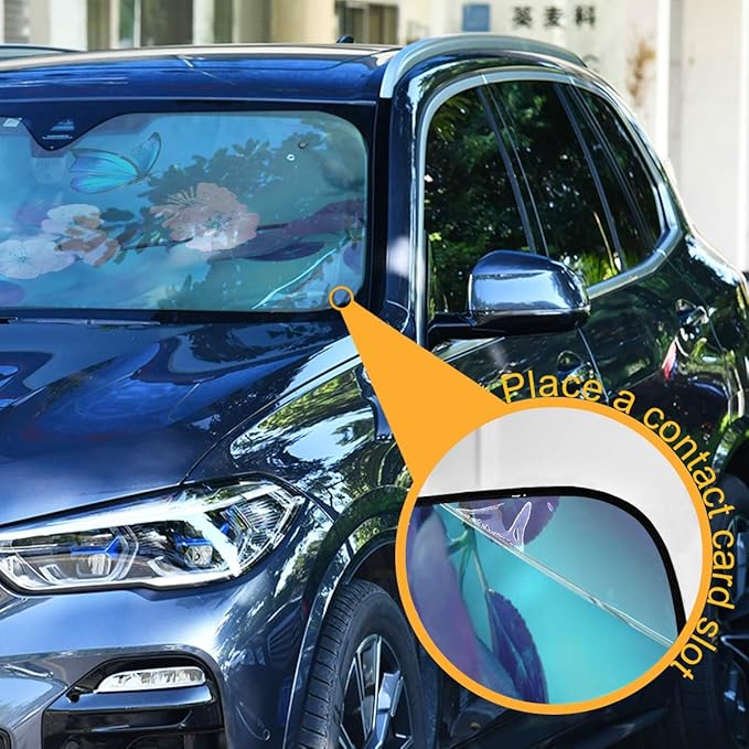 Butterfly Flowers Car Windshield Sun Shade Yellow Pink Floral Blue Foldable UV Ray Sun Visor Protector Sunshade to Keep Your Vehicle Cool (55" x 27.6")