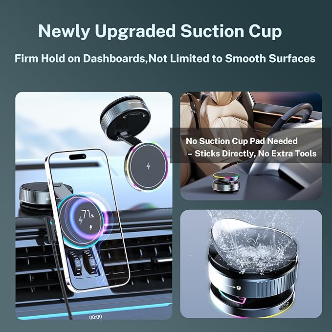 15W Fast for MagSafe Car Mount Charger with Breathing RGB Light, 360 Adjustable Vacuum Magnetic Phone Holder for Your Car Dash, Nano Gel Suction Cup Phone Mount for iPhone 12-17 Pro Max