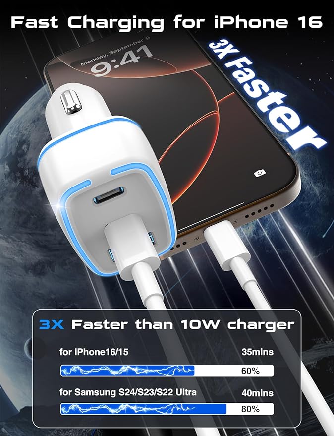 Hzevn USB C Car Charger, 3 Port PD Super Mini Cigarette Lighter Adapter, 2Pack USB-C & A Fast Car Charging for iPhone 16/15 Pro Max, Galaxy S25/S24, iPad, Pixel, Android Phones,White
