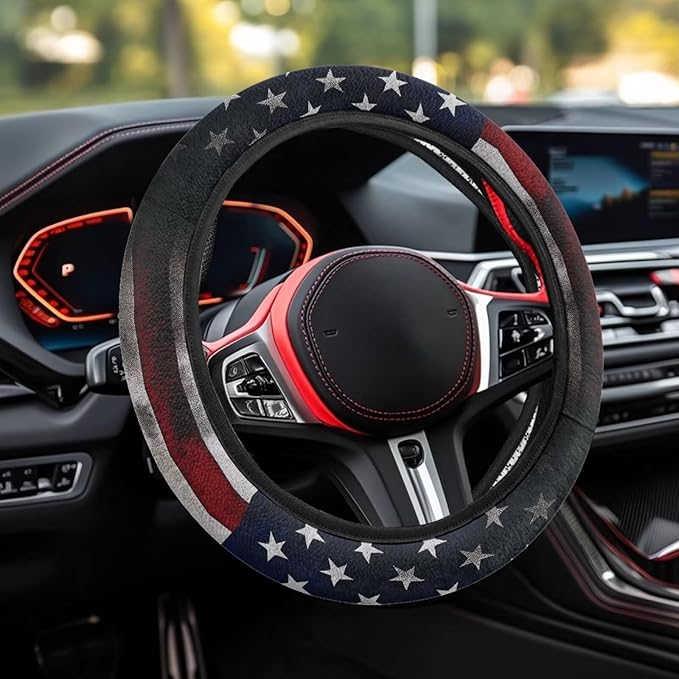 SEANATIVE Vintage American Flag Car Steering Wheel Cover, Anti-Slip, Safety, Soft, Breathable, Universal Car Steering Wheel Dust Cover, Easy to Disassemble
