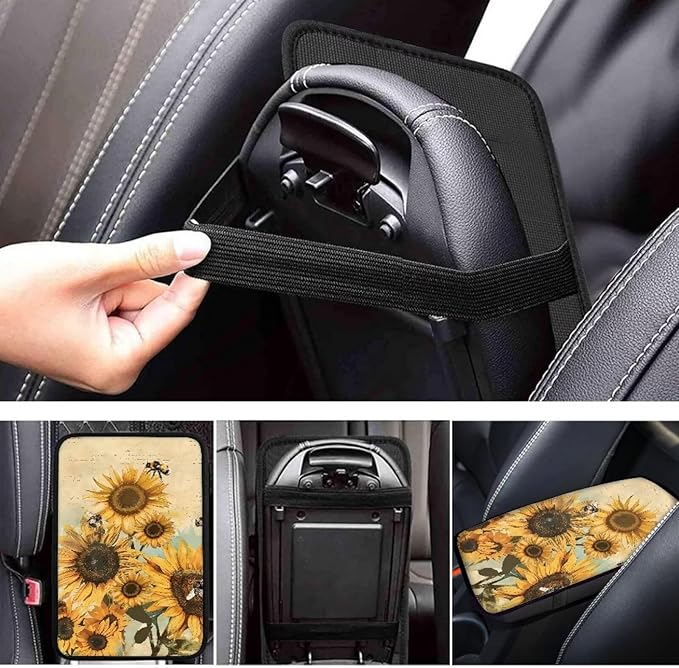 JoyLamoria Sunflower Bee Auto Center Console Pad Cover Car Armrest Cushion Soft Handrail Box Protector Universal Fit