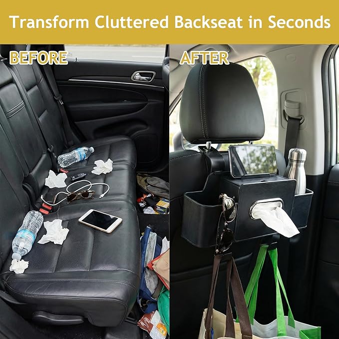 Backseat Car Organizer, 4 in 1 Multifunctional Car Back Seat Storage Organizer with Tissue Box, 2 Cup Holders, Phone Stand and Hooks, Automotive Seat Back Organizers (Black)