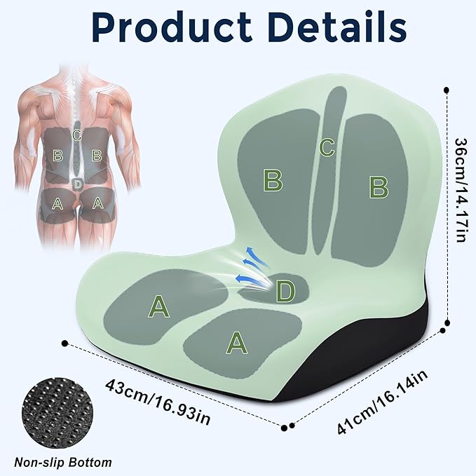 Seat Cushion, Office Chair Cushion, L-Shaped Ergonomic Car Seat Cushions, Memory Foam Chair Cushion, Lumbar Support Pillow for Wheelchair, Car, Home, Office, Desk, Green