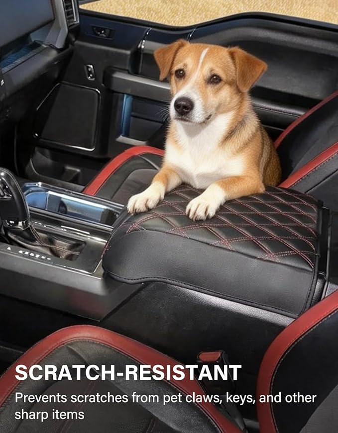 Center Console Armrest Cover Compatible with 2015-2020 Ford F150 Accessories, 2017-2022 F250 F350 F450 F550, 2018-2024 Expedition, Anti-Scratch, Black-Red Stitch(Fits Bucket Seat Only)