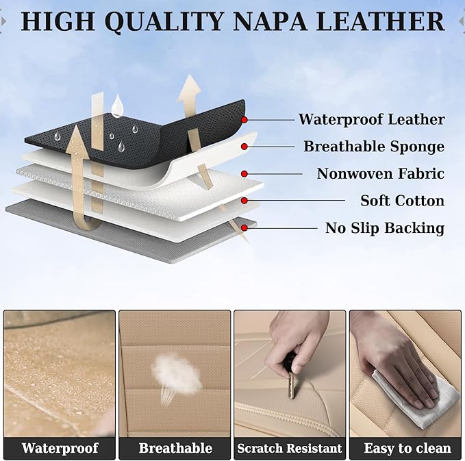 Coverado Car Seat Covers Front Seats, Car Seat Cover Beige, Car Seat Protector, Car Seat Cushion Nappa Leather, 2-Pack Waterproof Seat Covers Carseat Cover Universal Fit for Most Cars Trucks