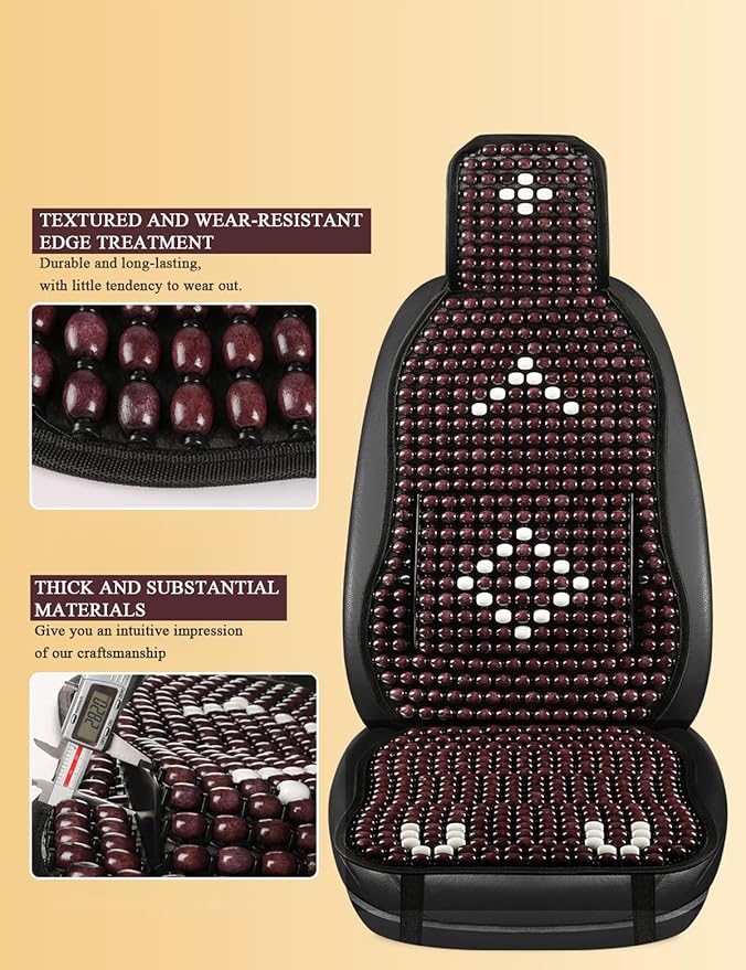 Wood Beaded Car Seat Cover Massaging Breathable Cooling Natural Wood Bead Cushion Universal Fit for Sedan, SUV & Truck. The Ergonomic Lumbar Support Can Relieve Painful from Long Trips