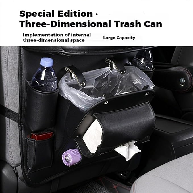 Car Seat Organizer, Multifunctional Backseat Protector Mat, Storage Bag and Tray Rack, Trash Storage (Suitable for Cars, Children, Back of Seats, and Rear Seats) (Black, Leather 1-Piece Set)