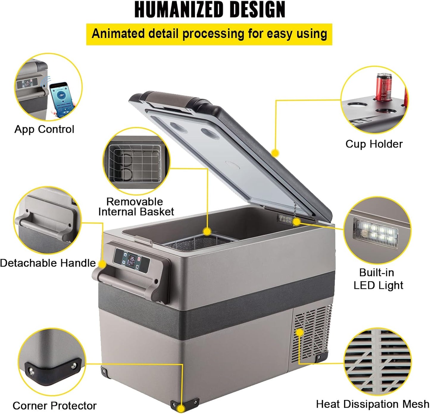 VEVOR 12 Volt Refrigerator, 48 Quart (45L) Fast Cooling Portable Freezer with App Control (-4℉~68℉), Car Fridge with 12/24v DC & 110-240v AC for Travel, Truck, Camping and Home Use, Grey