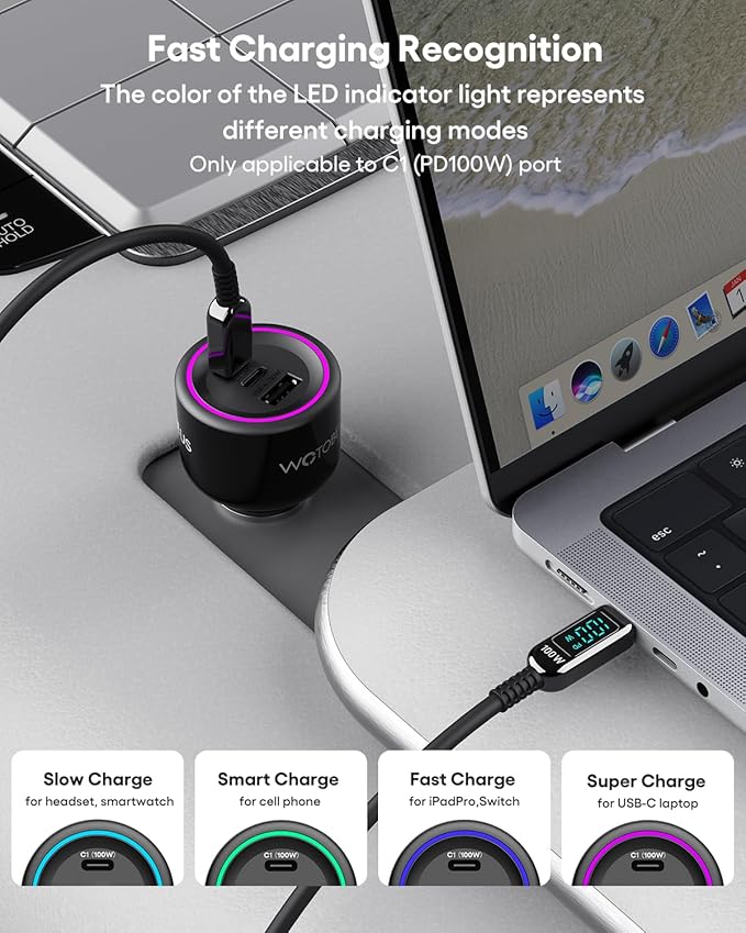 WOTOBEUS 175W 3-Ports USB C Car Charger with Color-Changing LED Indicator, PD3.0 100W 65W PPS45W Fast Charging, Compatible with iPhone 17 16 15 Galaxy S25 S24, Pixel, MacBook, iPad & Type-C Laptops