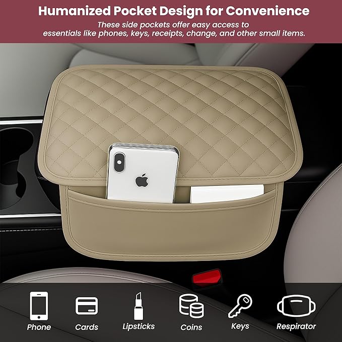 Upgraded Car Middle Center Console Cover,Microfiber Leather Car Armrest Cover Cushion with 2 Storage Bags,Universal Car Armrest Storage Box Car Interior Accessories for Most Vehicles (Beige)