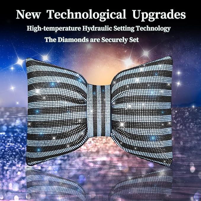 Car Seat Head-Rest Pillow Bow Automobile Neck Headrest Cushion Bling Bling Rhinestones Diamond for Automotive Accessories Girls and Women Neck Support Interior White-Black 2Pcs