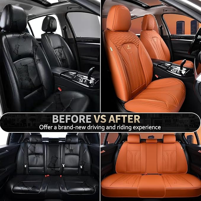 FLORICH Car Seat Covers Full Set Orange Seat Cover Front Seats and Back Leather Seat Covers for Cars Waterproof Car Seat Cushion Universal Car Seat Protector Fit for Most Cars Trucks SUVs