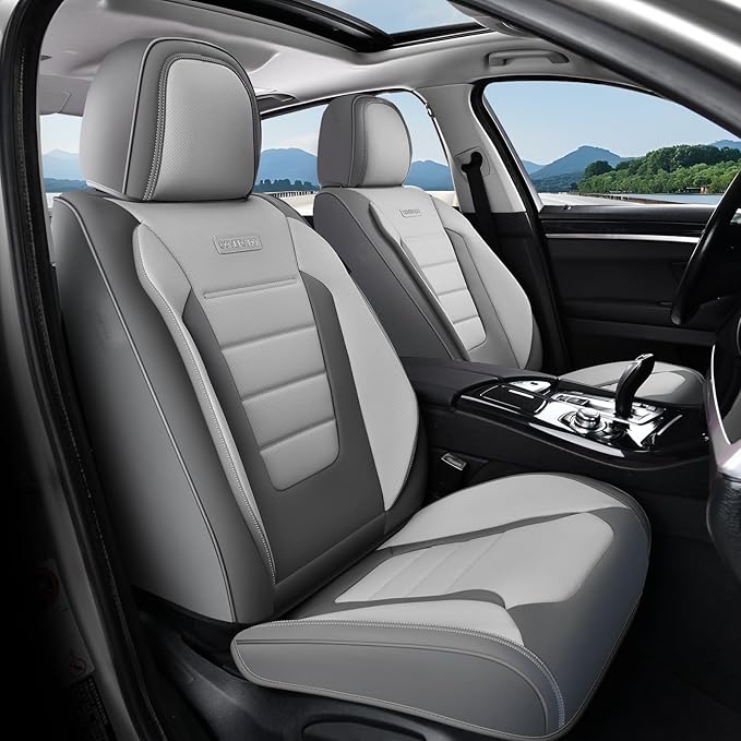 Coverado Car Seat Covers Front, Seat Covers for Cars, Waterproof 2-Pack Car Seat Cushion, Leather Carseat Seat Protectors, Universal Seat Covers Fit for Most Sedans SUV Pick-up Trucks(Gray&Light Gray)