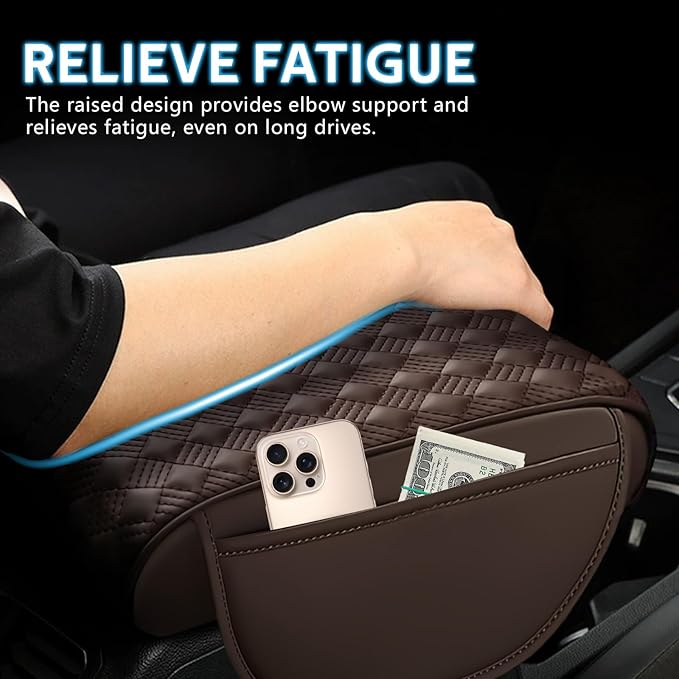 wuyaoyao Car Center Console Cover, 12.2"×8.27"×1.97" Leather Center Console Protector, Auto Armrest Pad with 2 Storage Pocket, Universal Armrest Cover Cushion for Most Cars, Trucks, SUVs (Coffee)