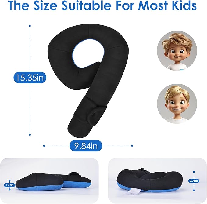 Kids Travel Neck Pillow, Toddler Travel Pillow for Car & Airplane and Head & Chin Support, Comfortably Travel Neck Pillow for Road Trip Sleeping, Gifts for Toddler/Child/Kids (Black & Light Blue)