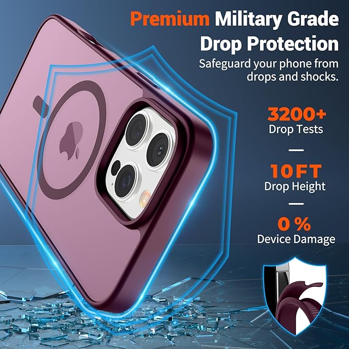 SUPFINE Magnetic for iPhone 16 Pro Case (Compatible with MagSafe) (Military Grade Drop Protection) Slim Translucent Matte Shockproof with Anti-Fingerprint Phone Case,Wine Red