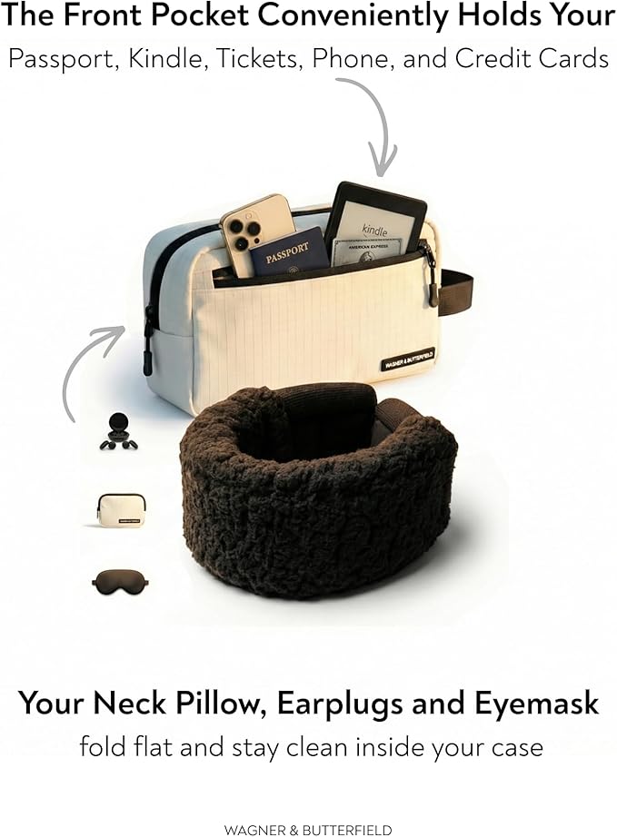 Slim Travel Neck Pillow for Long Flights, 360° Memory Foam Support Travel Neck Pillow with Premium Airplane Comfort Essentials 5pc Set, Best for Sleeping on Airplanes, Cars, Trains | Compact Bag