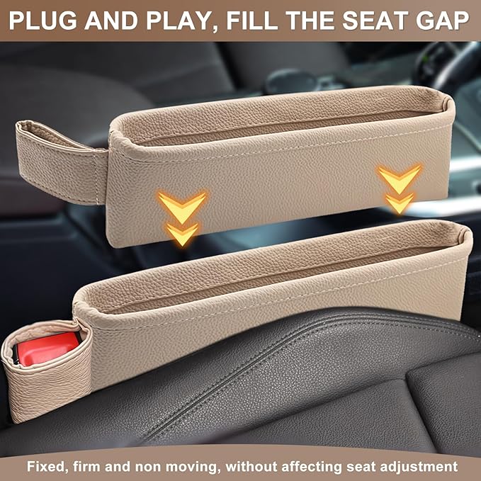 2 Pack Update Car Seat Gap Filler Organizer Leather Console Storage Box Front Side Pocket Seats Organizers Filler Interior Car Accessories for Phone Wallet Coin Key Sunglasses (Off-White)