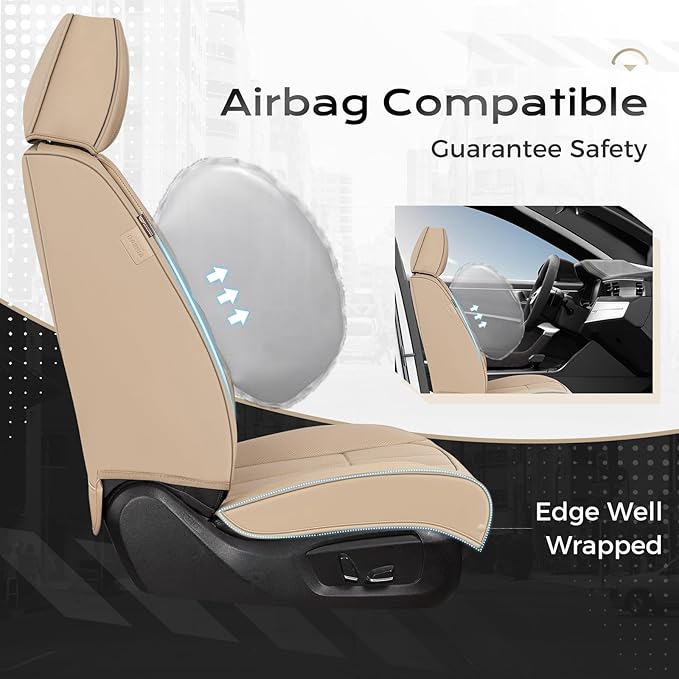 Coverado Car Seat Cover, Cover for Cars Front Seat, Premium Leather, Universal Fit Waterproof Seat Protectors, Car Seat Cushion Non-Slip for Most Cars-Beige