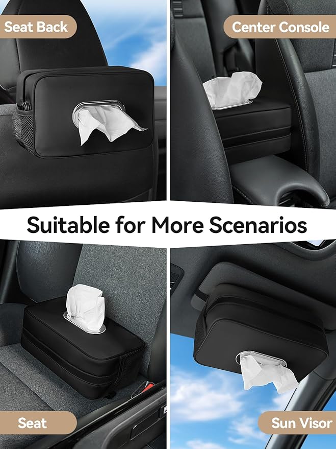 Multi-Functional Car Tissue Holder with ‌2 Storage Nets, Upgraded PU Leather Tissue Box Cover, Large Rectangle Napkin Organizer Fit for 100-160 Regular Size Tissues, Keep Car Tidy, Black