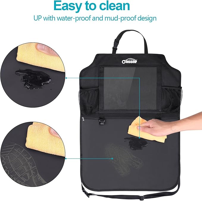 Oasser Seat Back Protector Kick Mats 12.9" I pad Holder 2 Pack XL with 1 Tissue Box Car Seat Organizer Back of Seat Protector Clear 2 Large Car Organizers and Storage