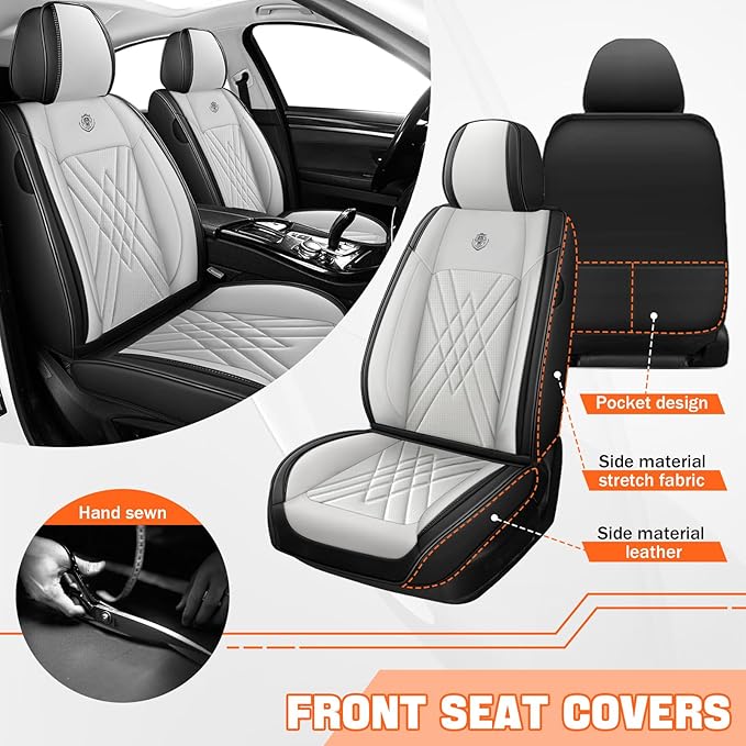 Car Seat Covers Compatible with Toyota Camry 2012-2026 Durable Waterproof Automotive Seat Covers Stretchable Fabric Material, Airbag Compatibility, Premium Nappa Leather(Black White, Full Set)