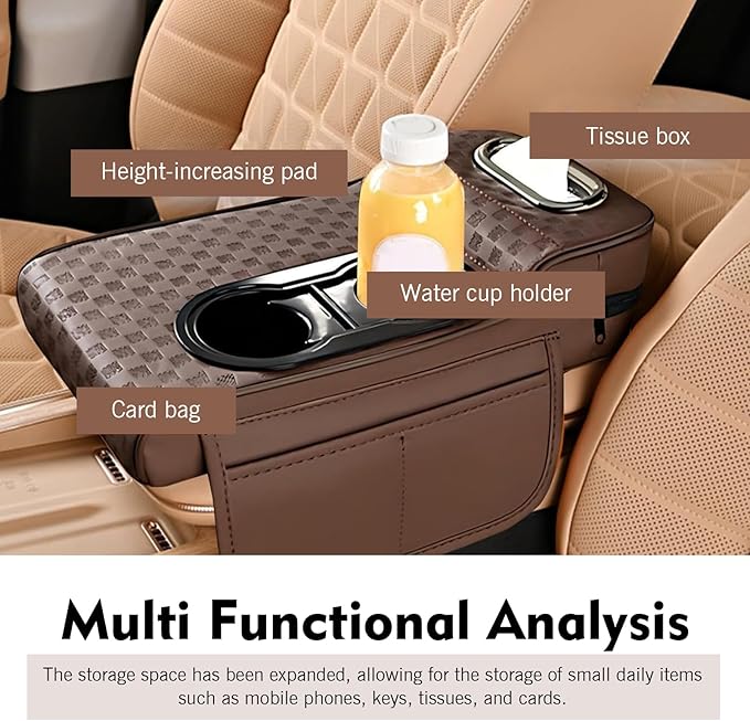Car Center Console Leather Armrest Increase Cushion, MultiFunctional Armrest Box Pad with Dual Cup Holder, Tissue Box, Side Card Holder, Universal for Most Cars, SUVs, Trucks (Coffee)