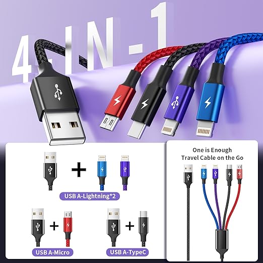 Multi Charging Cable [2Pack 5FT],Nylon Dual IP 4 in 1 Charging Cable, Multiple Charger Cord with IP/IP/Type C/Micro Port, Compatible with Most Cell Phones/Tablets and More