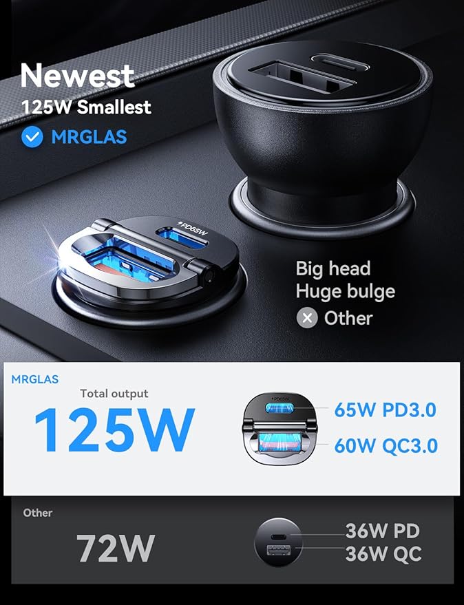 【Upgraded】 125W Car Charger USB C Super Fast Charging, [PD65W & QC60W][All Metal] MRGLAS Cigarette Lighter Car Charger, RV Car Electronics Accessories for iPhone 17 Pro Max iPad Samsung S25 Pixel 10