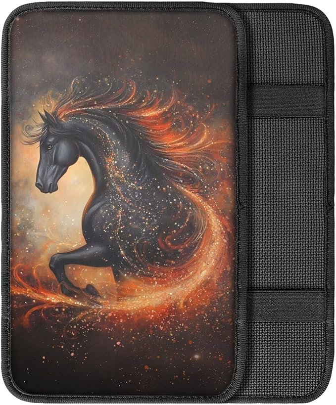 Black Horse Car Center Console Armrest Pad for Men Breathable Car Center Console Cover Seat Box Cover for Sedan, Van, SUV, Truck, Horse Cars Accessories, Black
