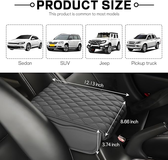 wuyaoyao Car Center Console Cover, 12.13"×8.66"×3.74" Leather Car Armrest Cover with with 2 Side Pockets, Memory Foam Soft Auto Armrest Cushion Pad, Universal Vehicle Arm Rest Protector (Gray)