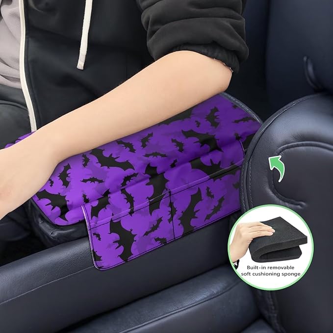 Tupalatus Halloween Bats Car Center Console Cover Car Interior Protection Accessories Armrest Cushion Cover Pad Non-Slip with 2 Storage Bags Universal Fit for Cars,Trucks & SUVs