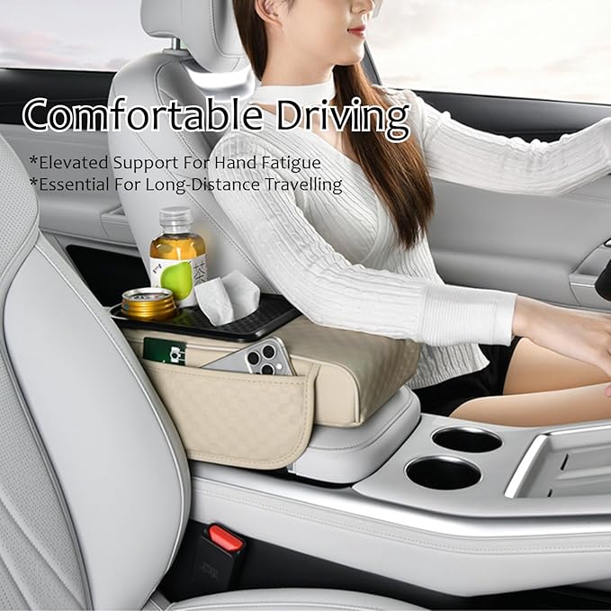 Car Center Console Armrest Pad, Arm Rest Box Cushion with Ergonomic Height Boost, Storage Pockets, Built-in Tissue Box, Cupholder, Fit for Most Sedan Vehicles (Embossing Checkerboard, Grey)
