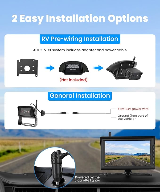 AUTO-VOX 7" Wireless RV Backup Camera Plug and Play: Pre-Wired for Easy Setup, Features 1080P HD, Night Vision, Wide Angle & Stable Signal for Trailers, Campers, Motorhomes