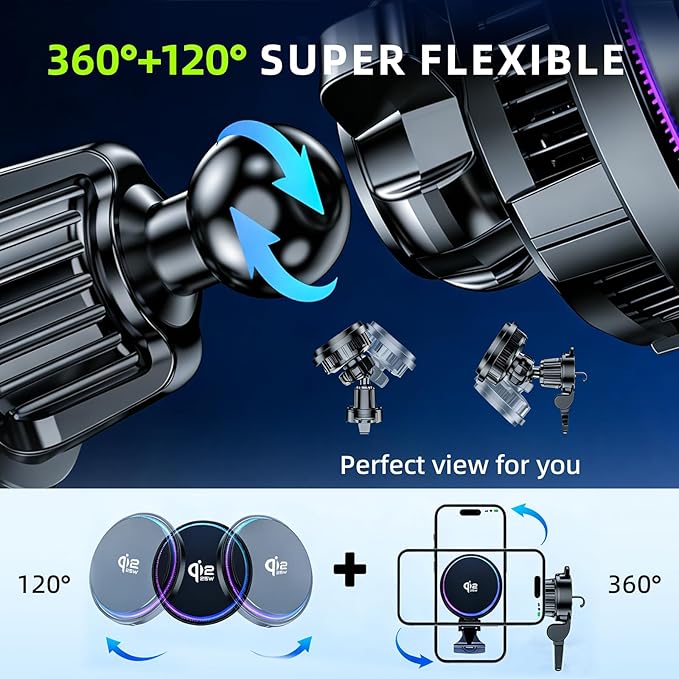 25W Qi2.2 Wireless Car Charger, Magnetic Phone Holder with RGB Light and Ice Cooling, Car Mount Charger 360°Rotation for Air Vent, Fast Charger for iPhone 17 Max Plus 16 15 14 13 12 Air Pro